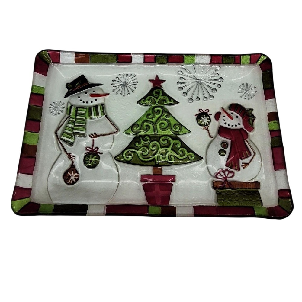Peggy Karr Enamel-Fused Art Glass Christmas Tree & Snowmen 12" Tray Vintage